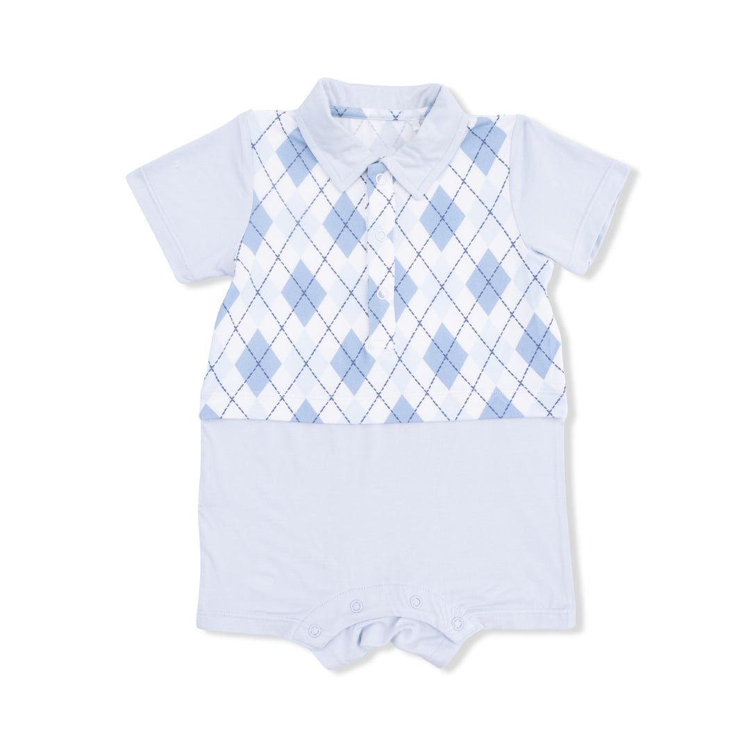 Baby romper with blue argyle pattern on a white background