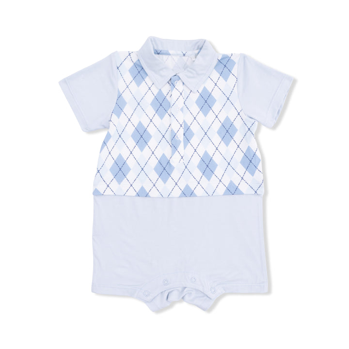 Baby romper with blue argyle pattern on a white background