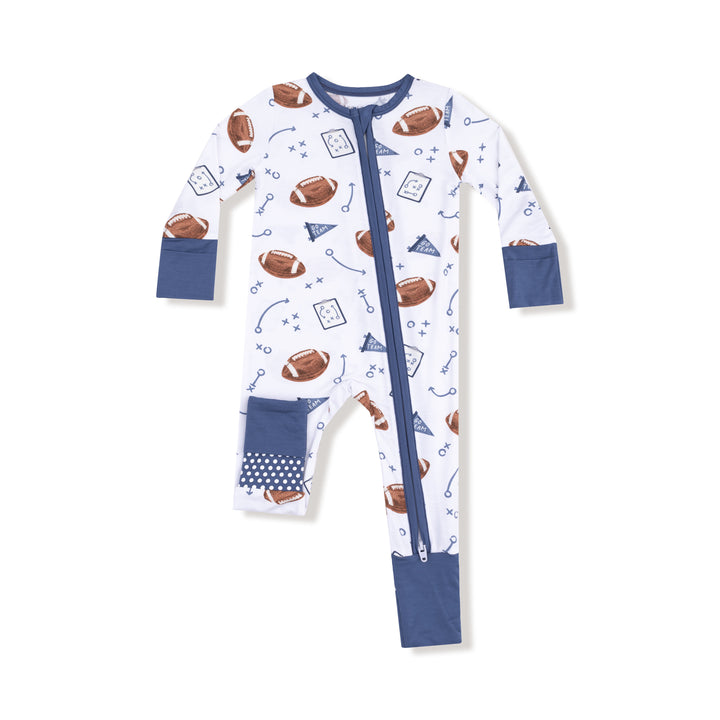 Baby onesie with football pattern on a white background