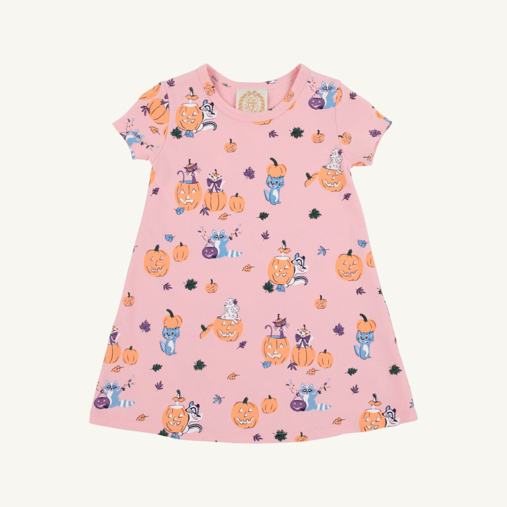 PINK SHORT SLEEVE GIRLS DRESS WITH PUMPKINS AND CATS ON WHITE BACKGROUND