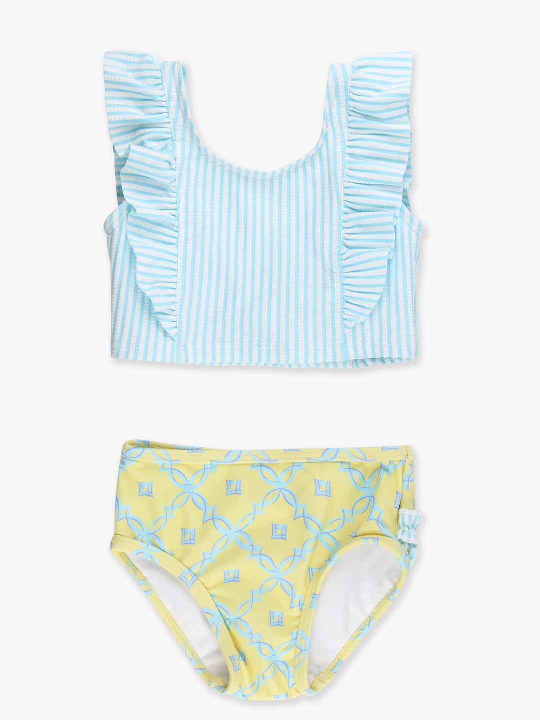 Two-piece swimsuit with blue and white striped top and yellow and white patterned bottom on a white background