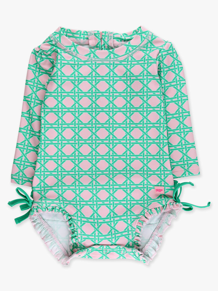 Green and pink patterned children's swimsuit on a white background