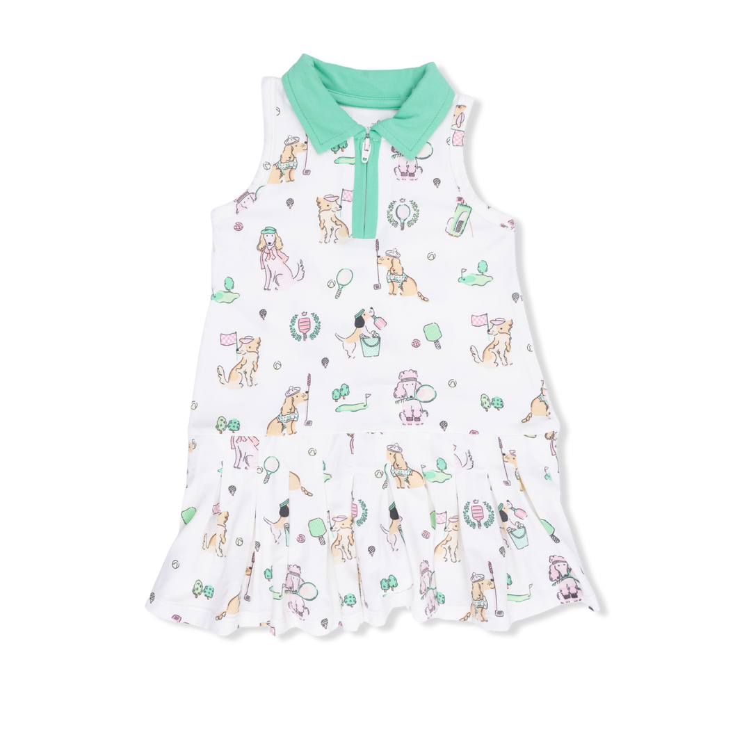 Children's sleeveless dress with a pattern of dogs and a green collar on a white background