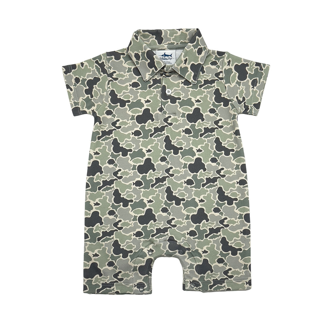 Camouflage-patterned baby romper on a white background