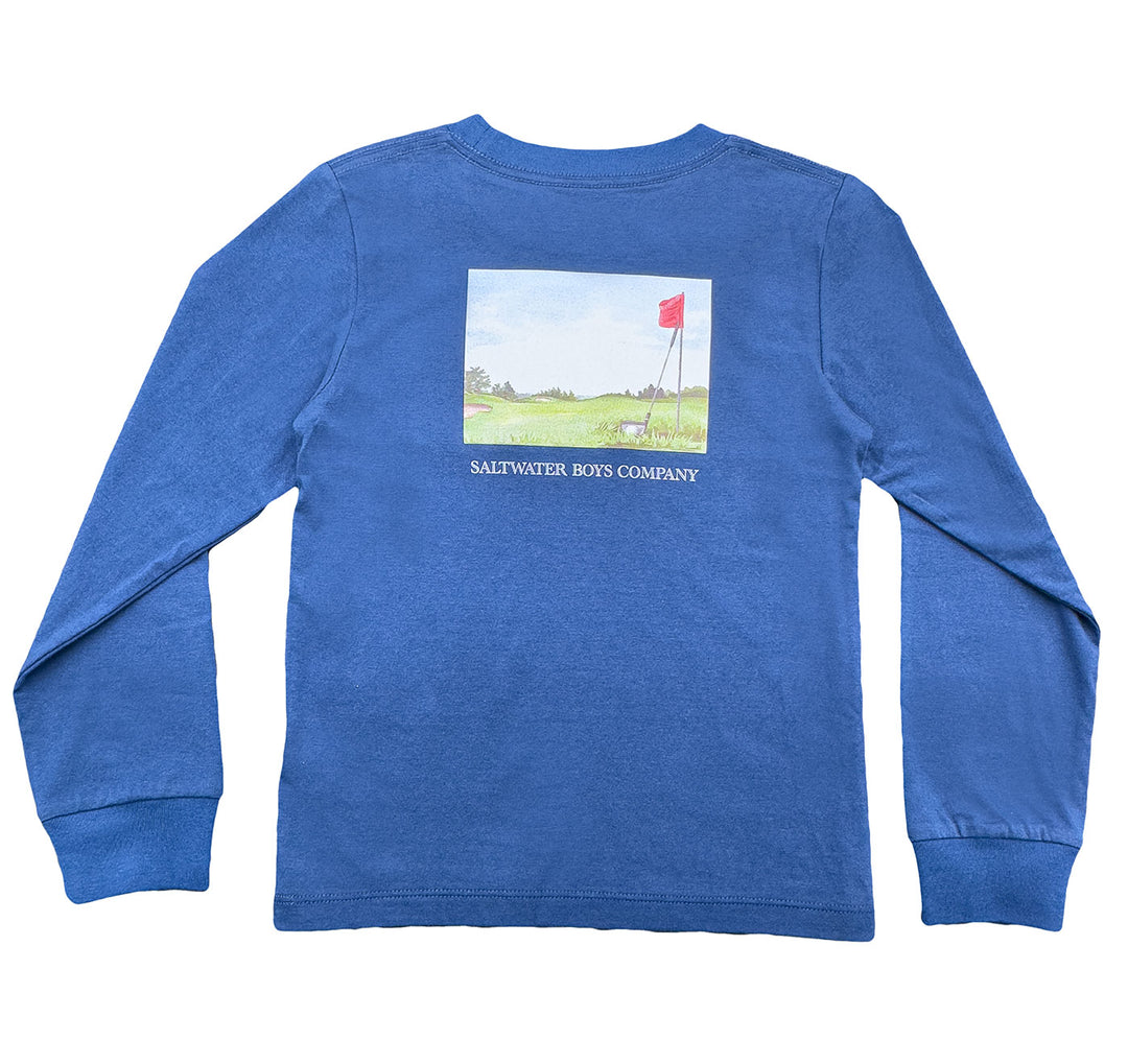 Blue long-sleeve shirt with a graphic and text on a white background