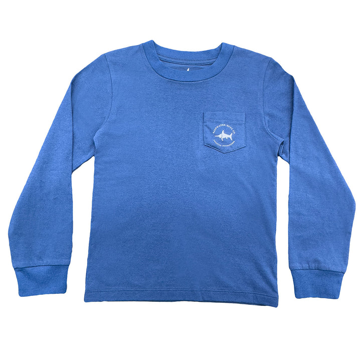 Blue long-sleeve shirt with a small pocket on a white background