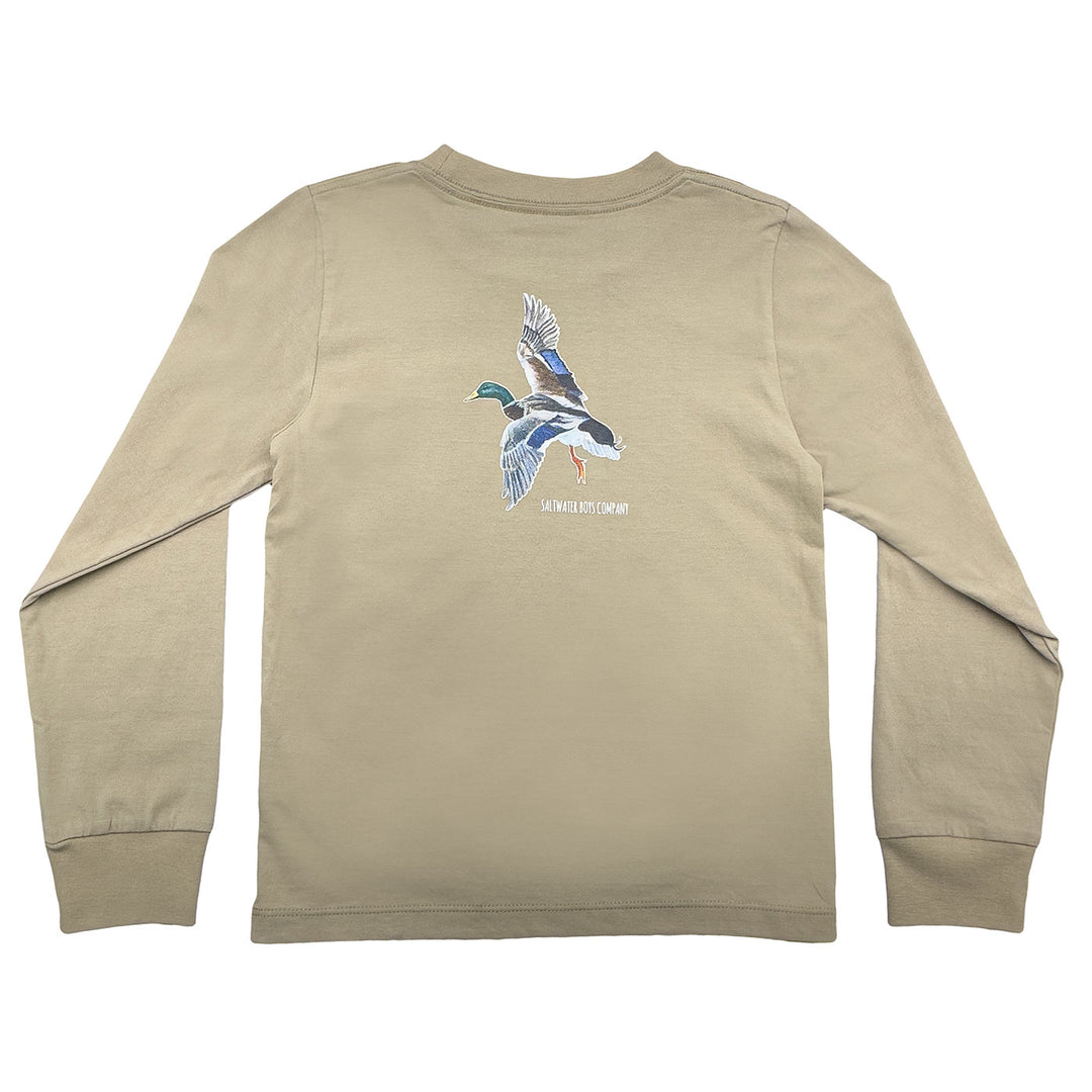 Beige long-sleeve shirt with a duck graphic on a white background