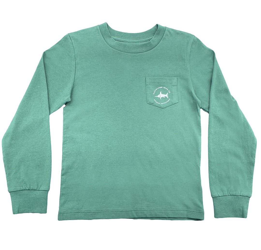 Green long-sleeve shirt with a pocket on a white background