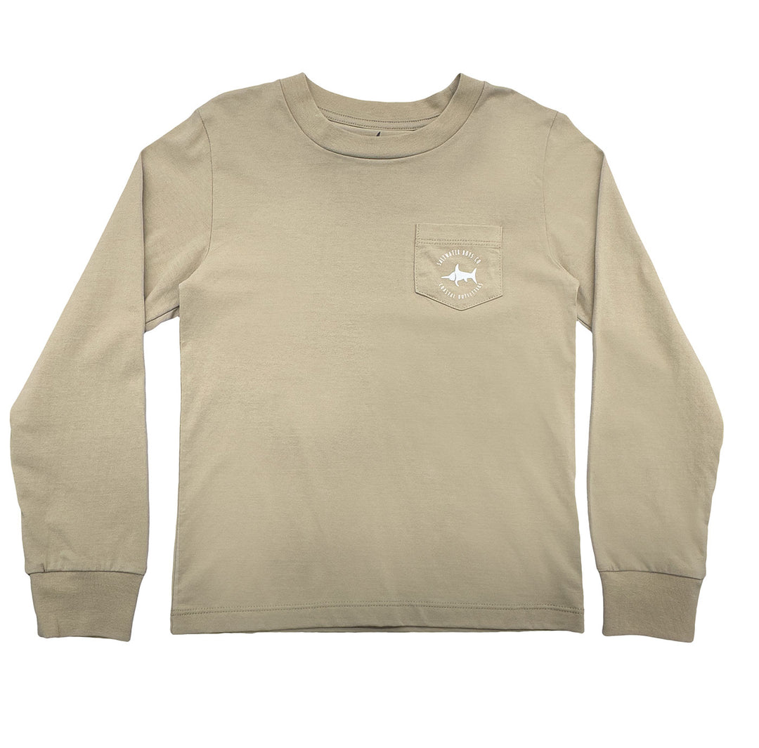 Beige long-sleeve shirt with a pocket and logo on a white background