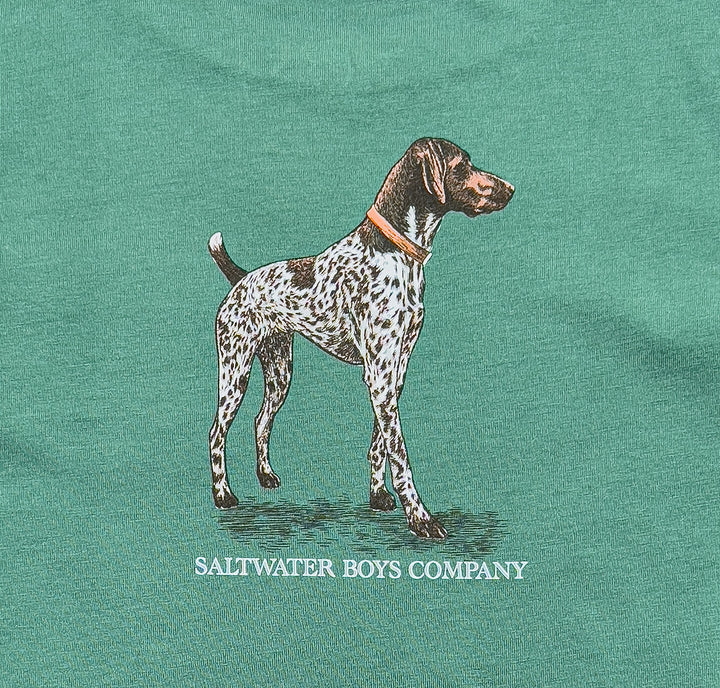 Dog illustration on a teal background with 'Saltwater Boys Company' text.