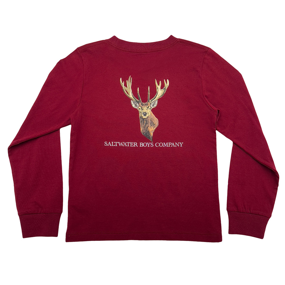 Red long-sleeve shirt with a deer graphic and 'Saltwater Boys Company' text on a white background