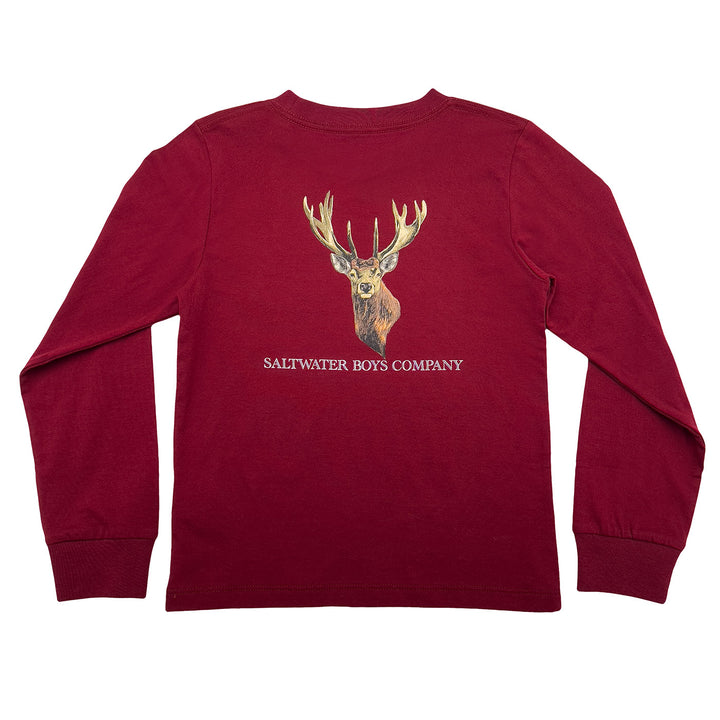 Red long-sleeve shirt with a deer graphic and 'Saltwater Boys Company' text on a white background