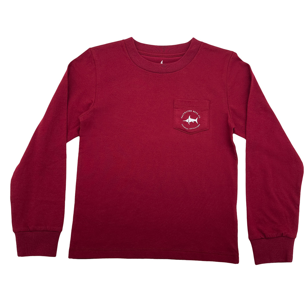 Red long-sleeve shirt with a small logo on a white background