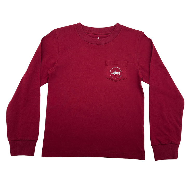 Red long-sleeve shirt with a small logo on a white background