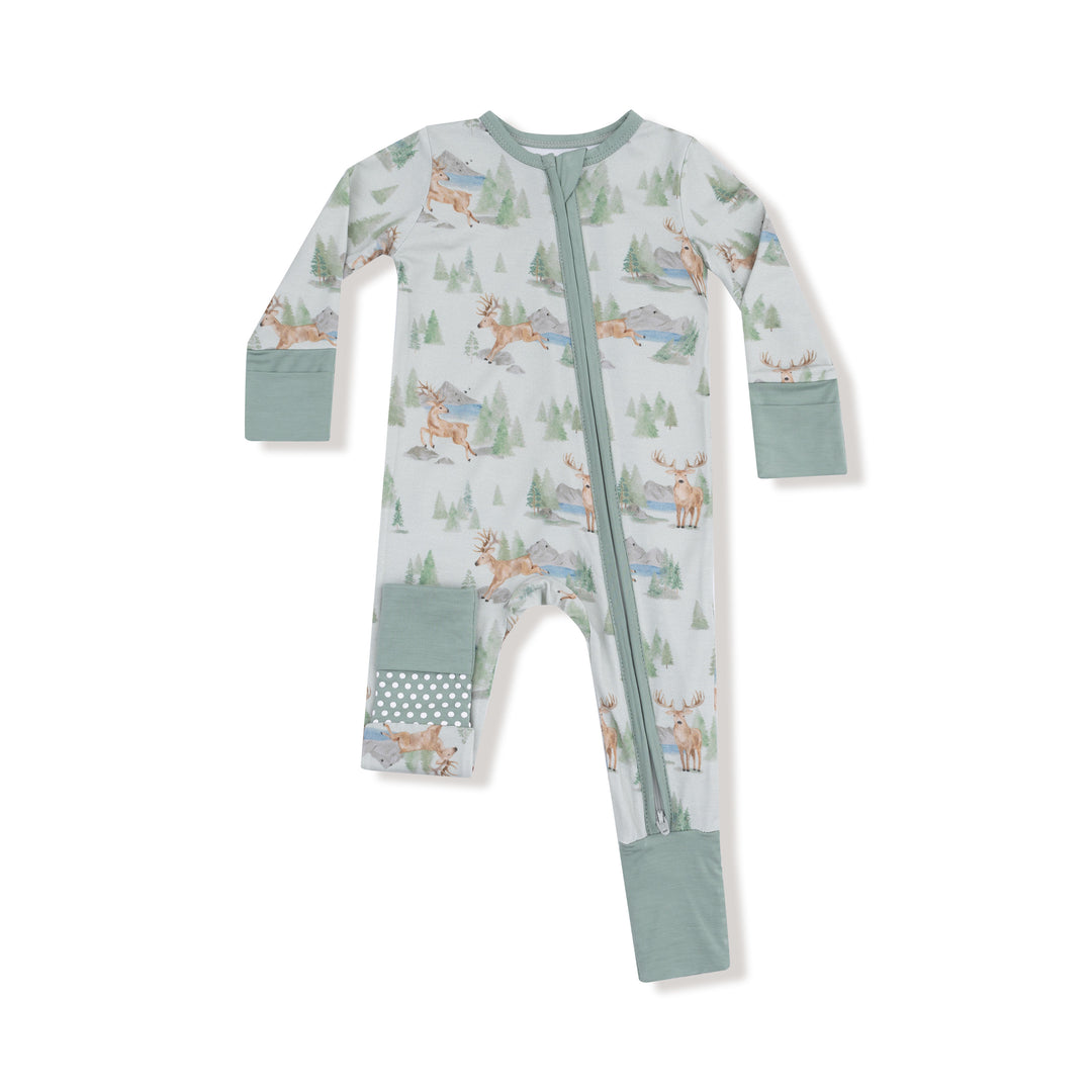 Baby onesie with forest animal pattern on a white background