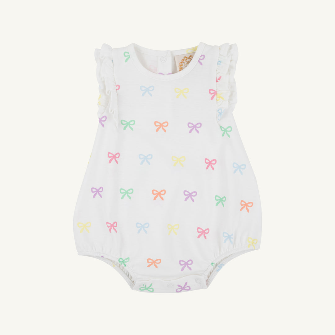 LITTLE GIRLS WHITE EYELET BUBBLE WITH MULTI COLOR BOWS ALL OVER