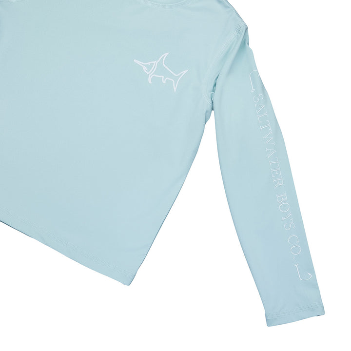 Light blue long-sleeve shirt with white text and logo on a white background