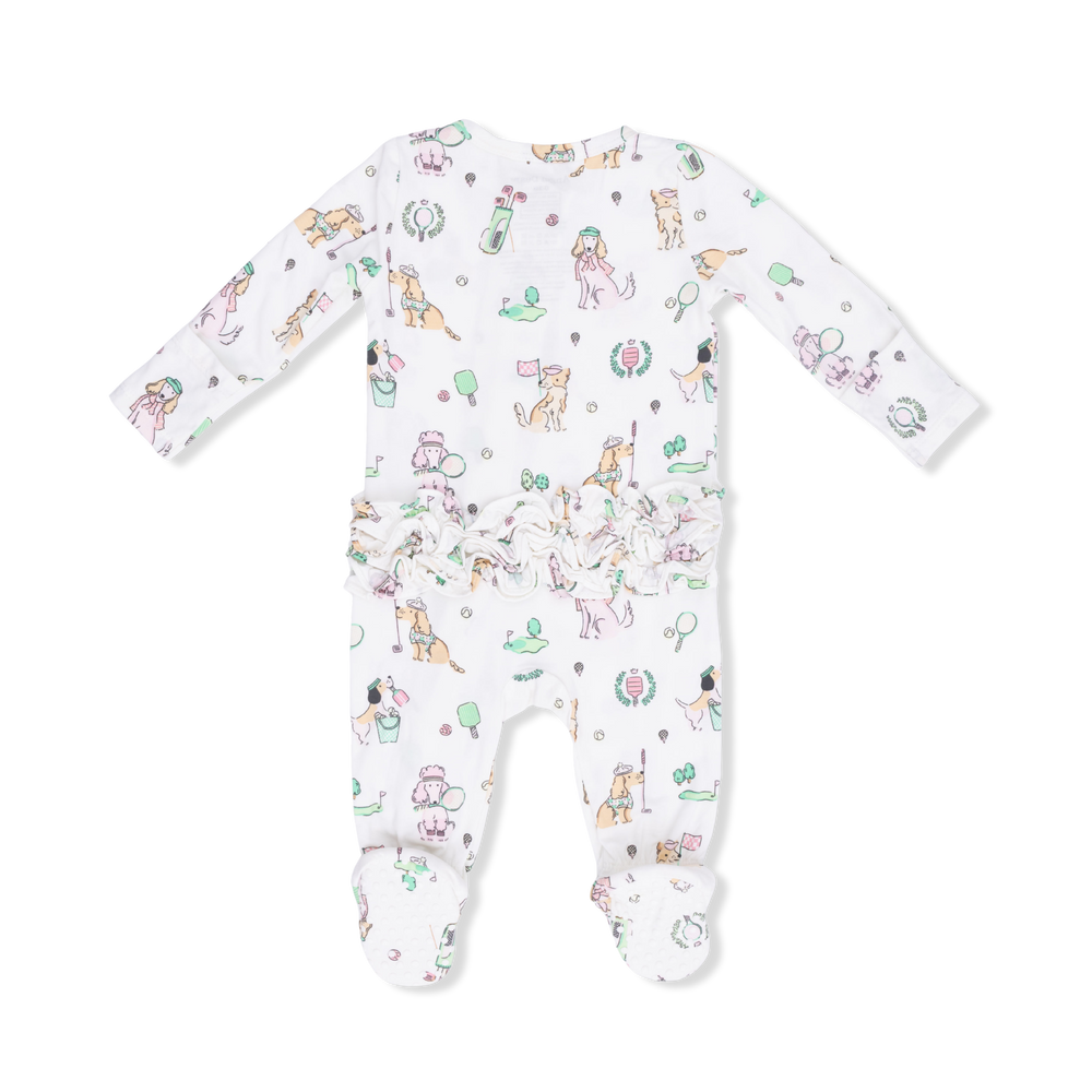 Baby onesie with colorful animal pattern on a white background