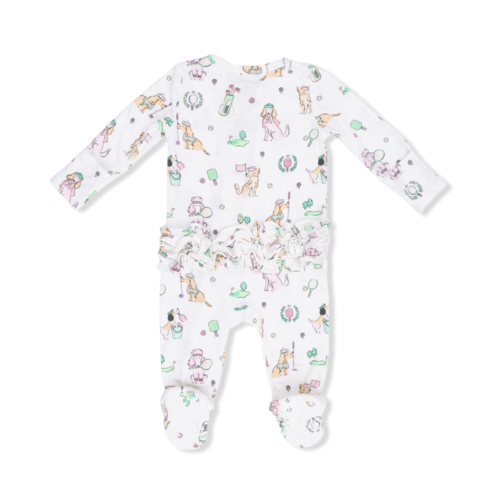 Baby onesie with colorful animal pattern on a white background