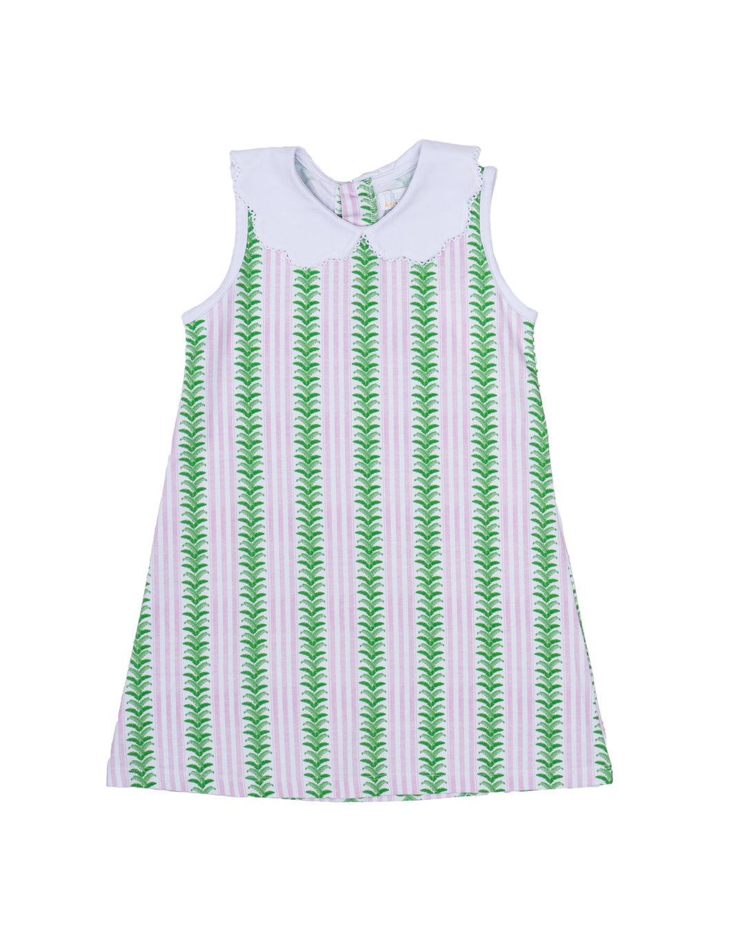 SLEEVELESS GIRLS DRESS WITH WHITE COLLAR AND PINK AND GREEN STRIPE