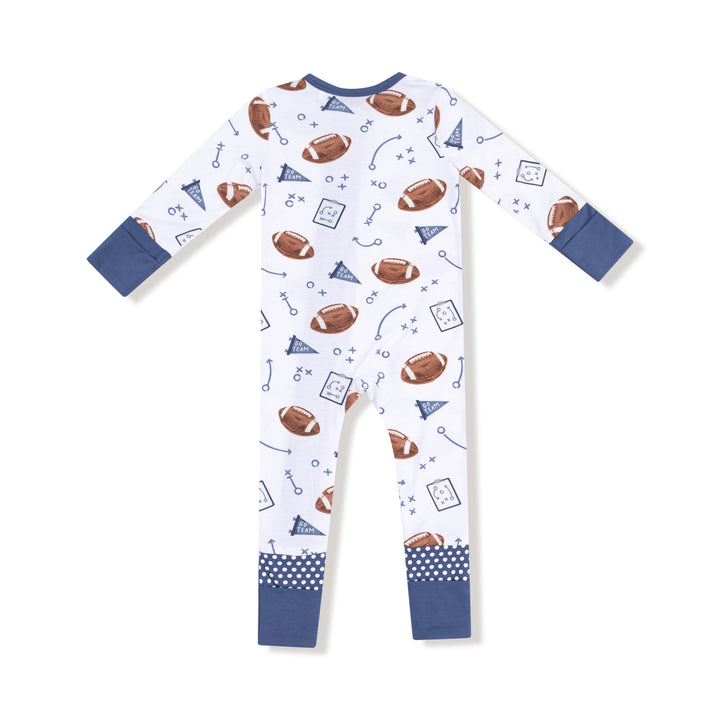 Children's onesie with football pattern on a white background