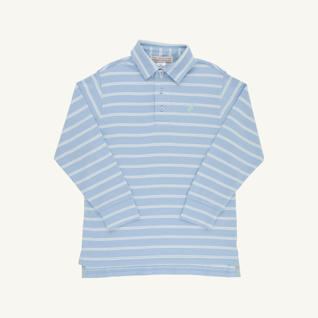 LONG SLEEVE BLUE WHITE STRIPE BOYS POLO ON WHITE BACKGROUND