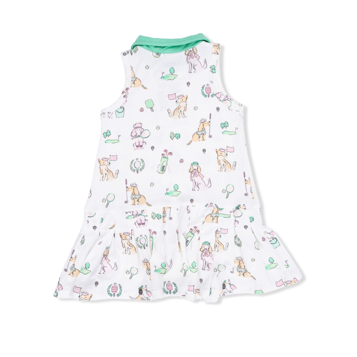 Children's sleeveless dress with dog pattern on a white background