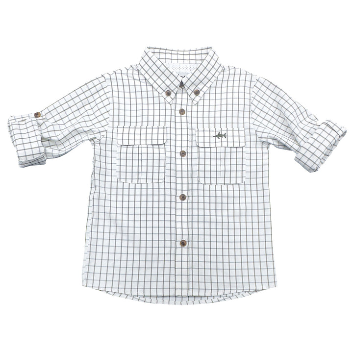 Checkered shirt with rolled-up sleeves on a white background