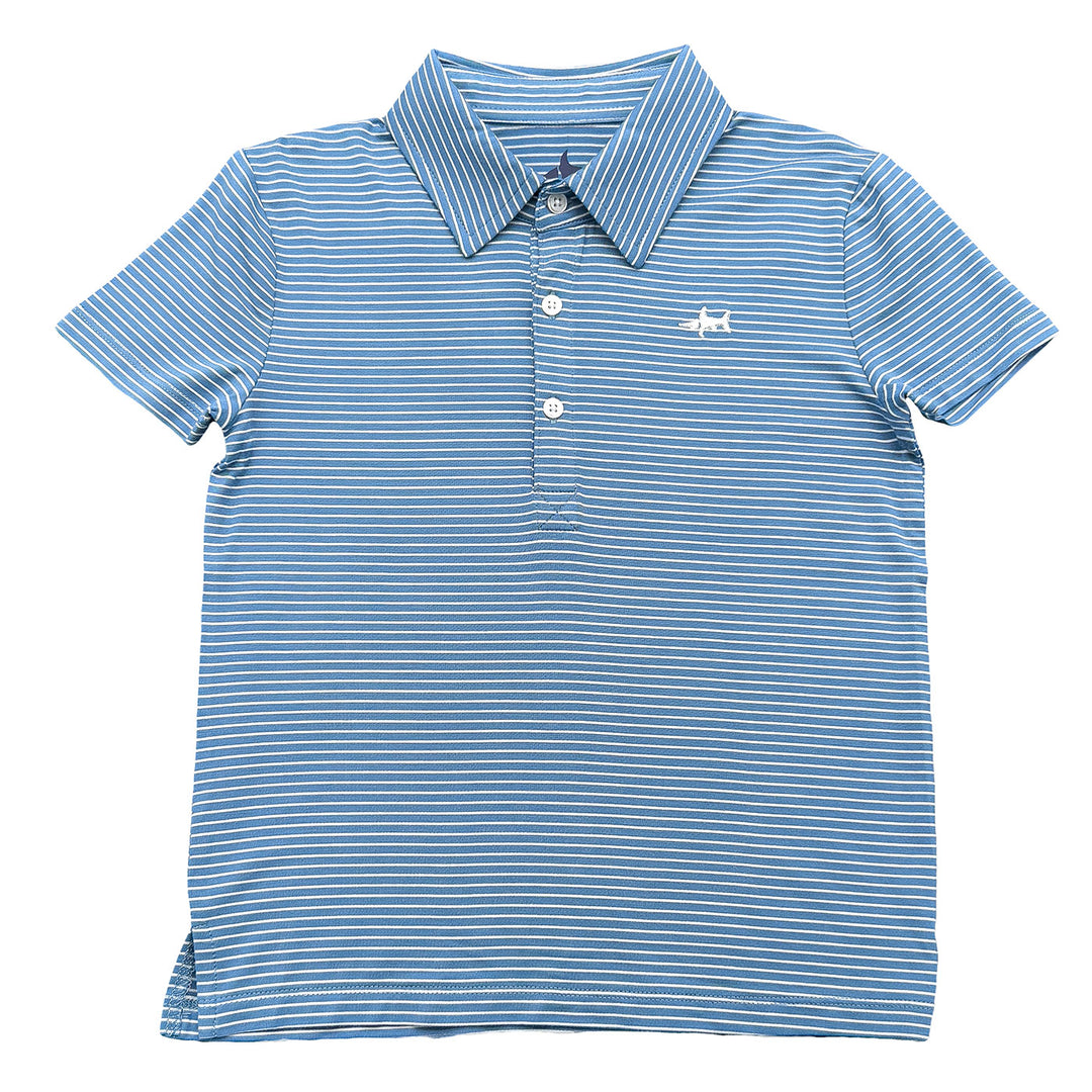 Blue and white striped polo shirt on a white background