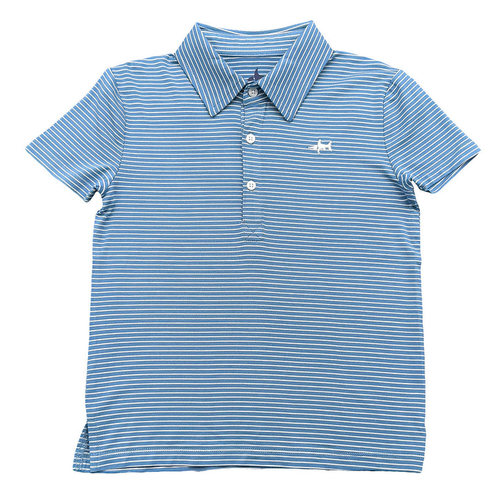 Blue and white striped polo shirt on a white background