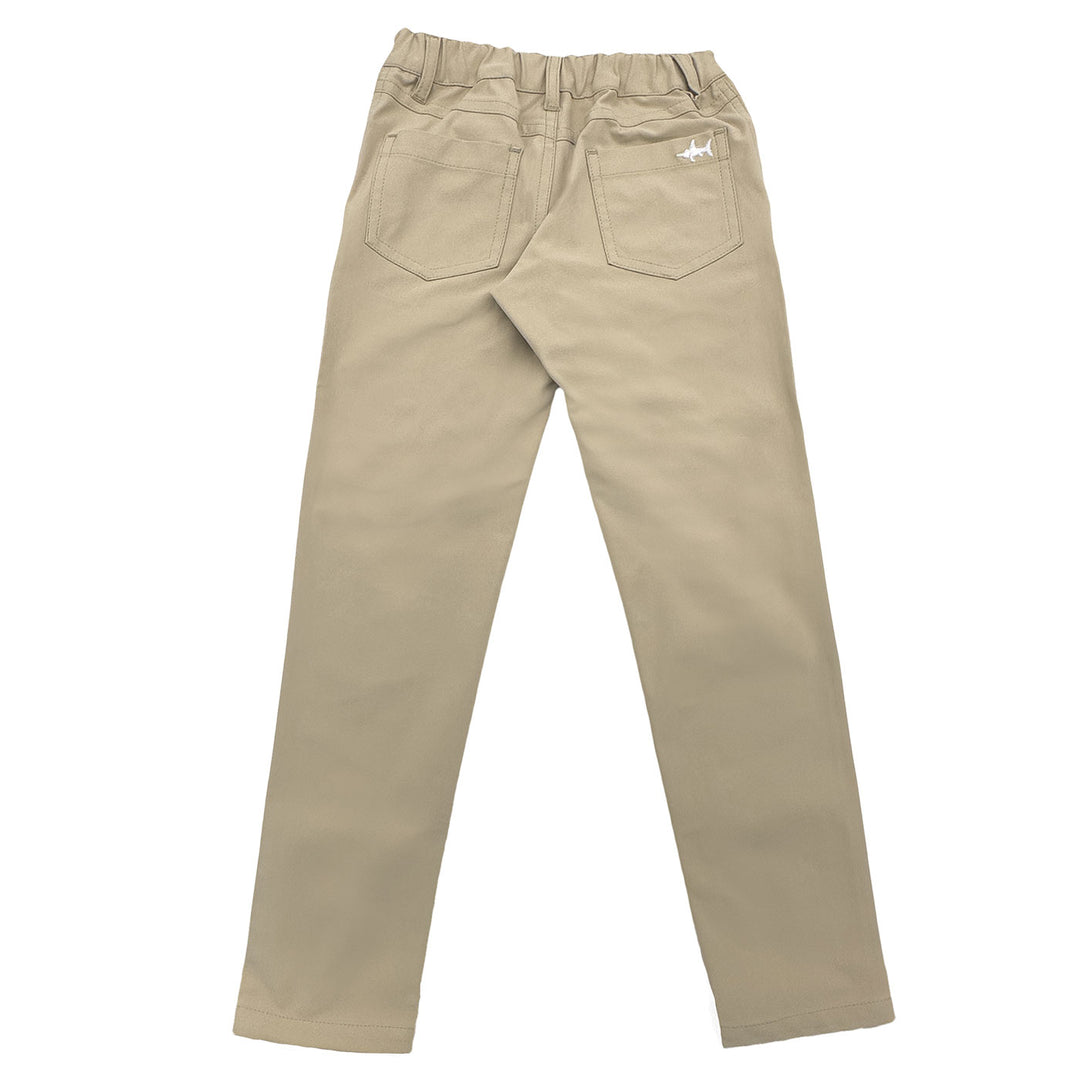 Beige pants with a small logo on a white background