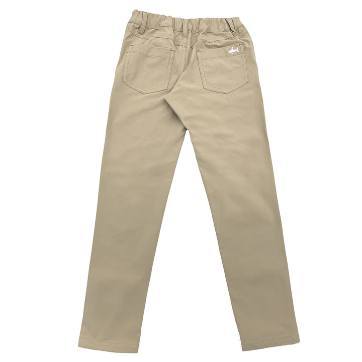 Beige pants with a small logo on a white background
