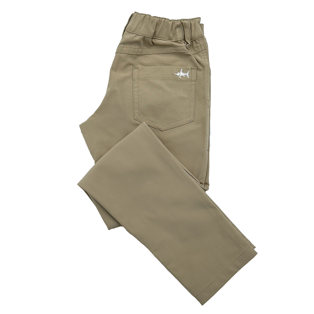 Khaki pants with a small logo on a white background