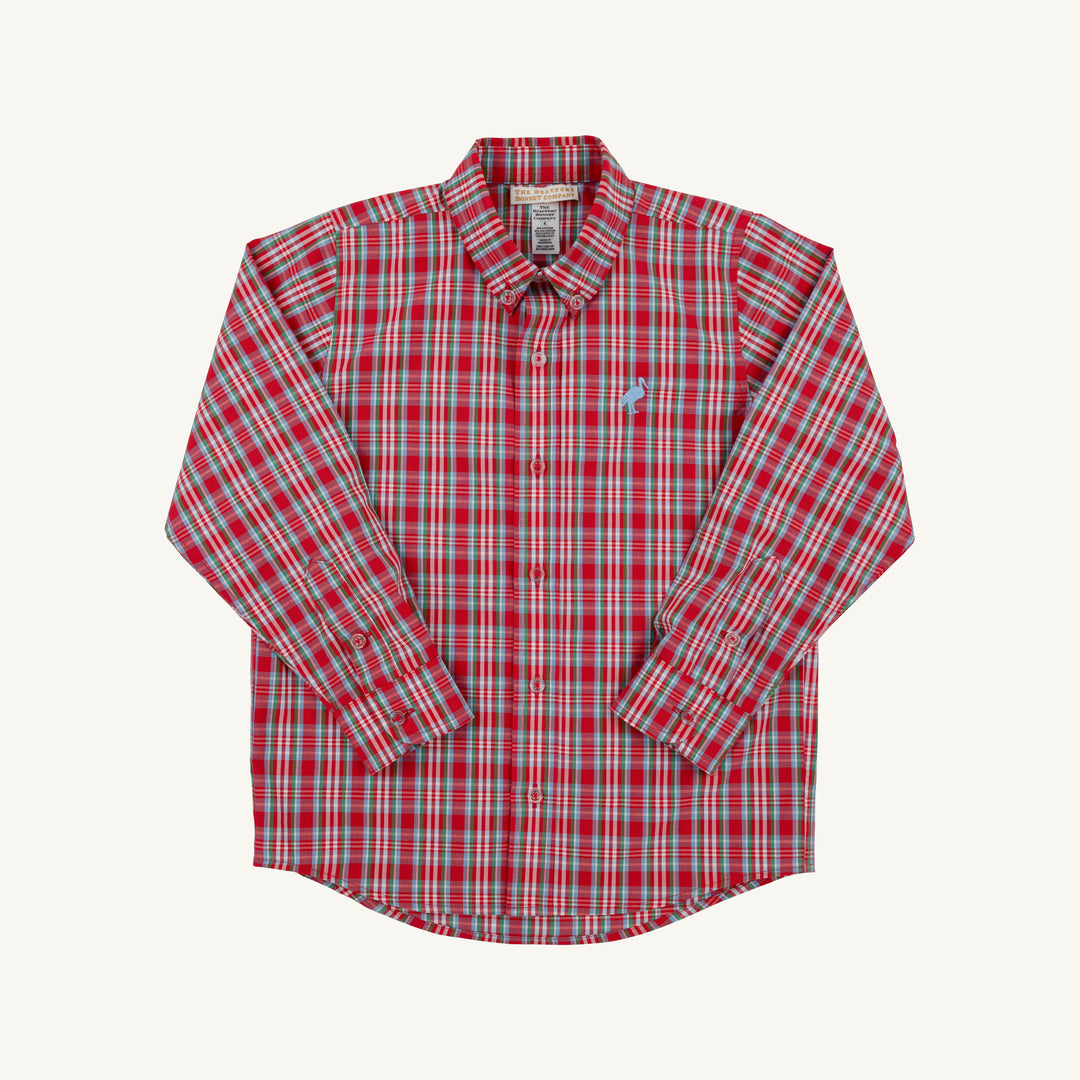 LONG SLEEVE RED PLAID BUTTON DOWN FOR LITTLE BOYS ON WHITE BACKGROUND