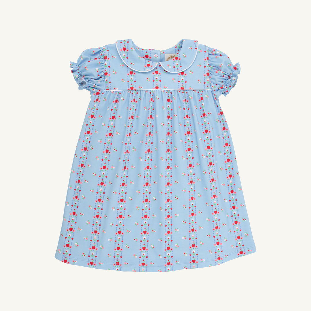 BLUE DRESS SHORT SLEEVE WITH RED FLORAL STRIPES - HOLLY