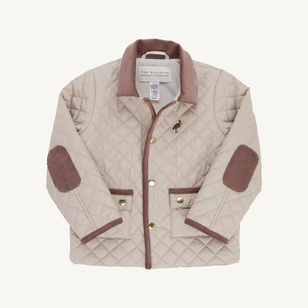KHAKI QUILTED COAT WITH BROWN TRIM AND ELBOW PATCHES