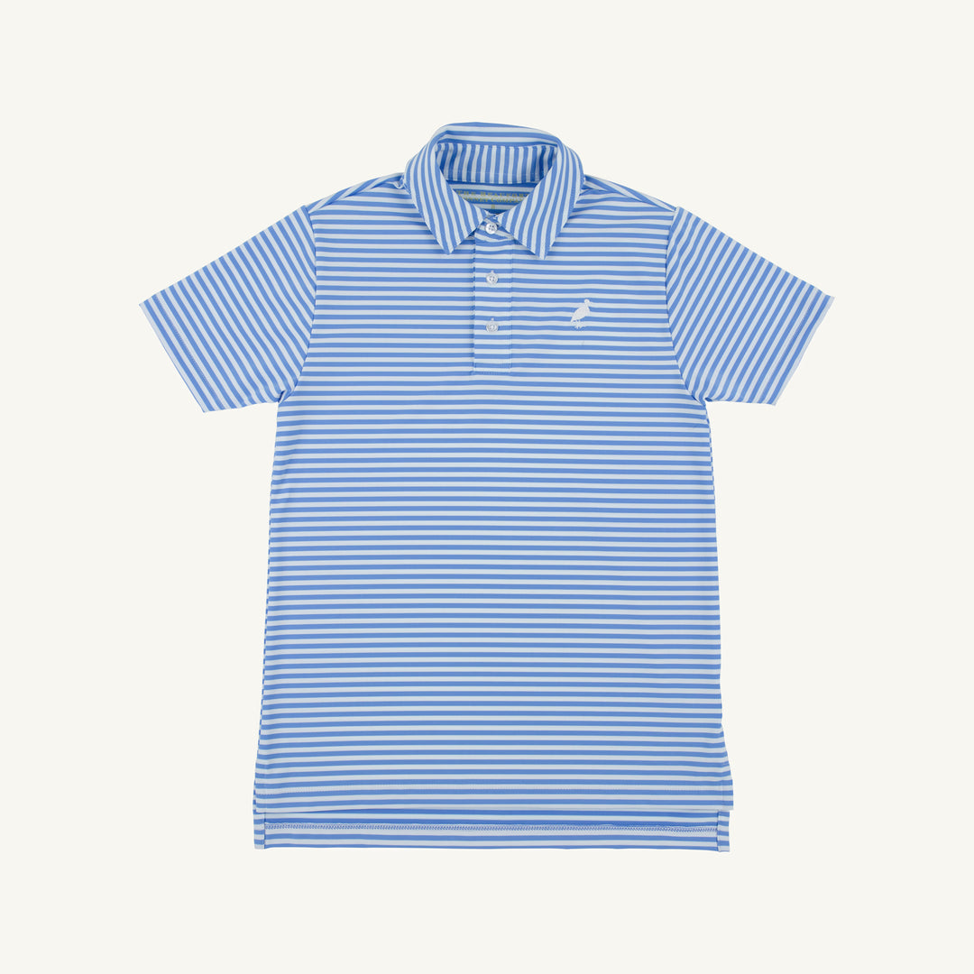 Blue and white striped polo shirt on a light gray background