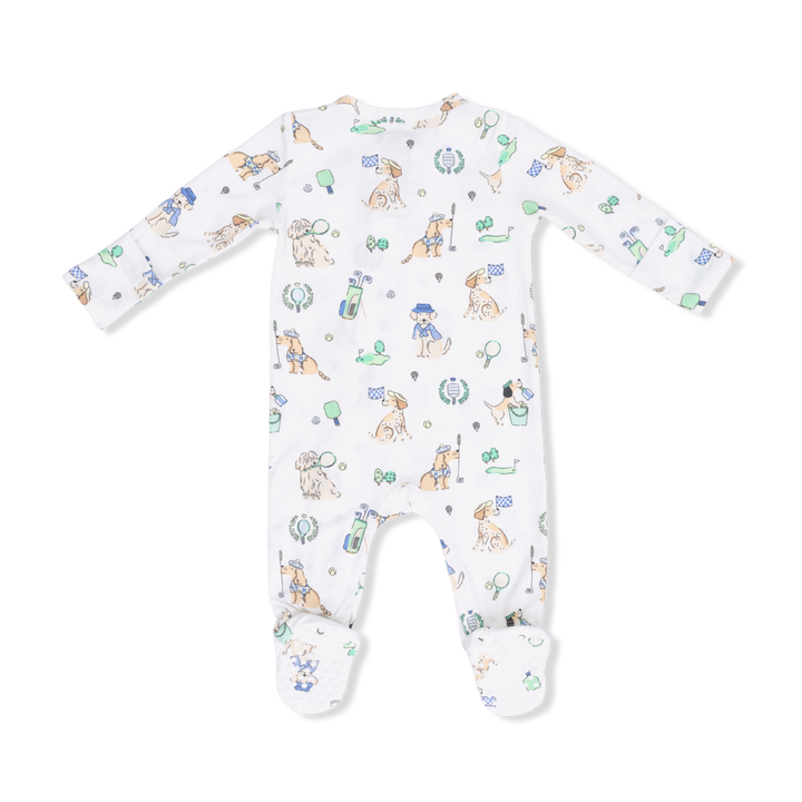 Baby onesie with dog pattern on a white background