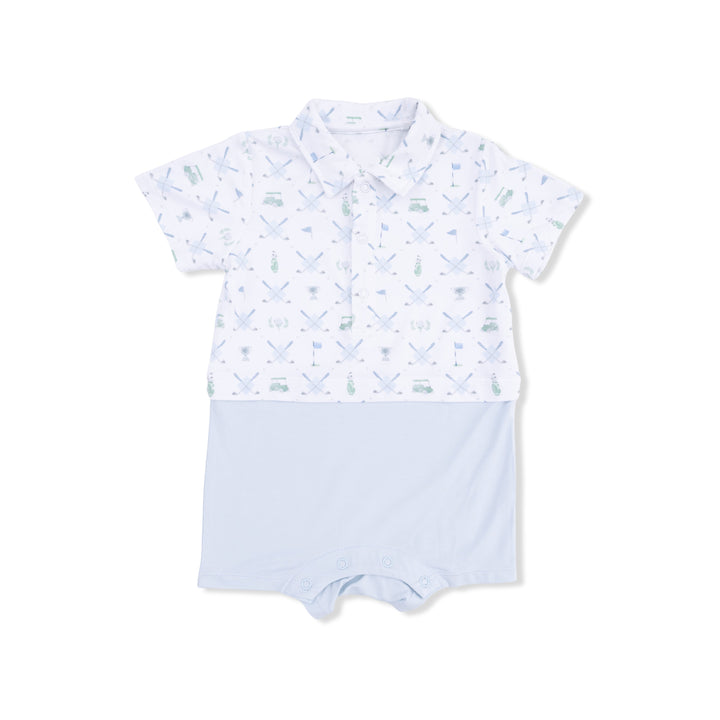 Baby romper with short-sleeve top and diaper cover on a white background