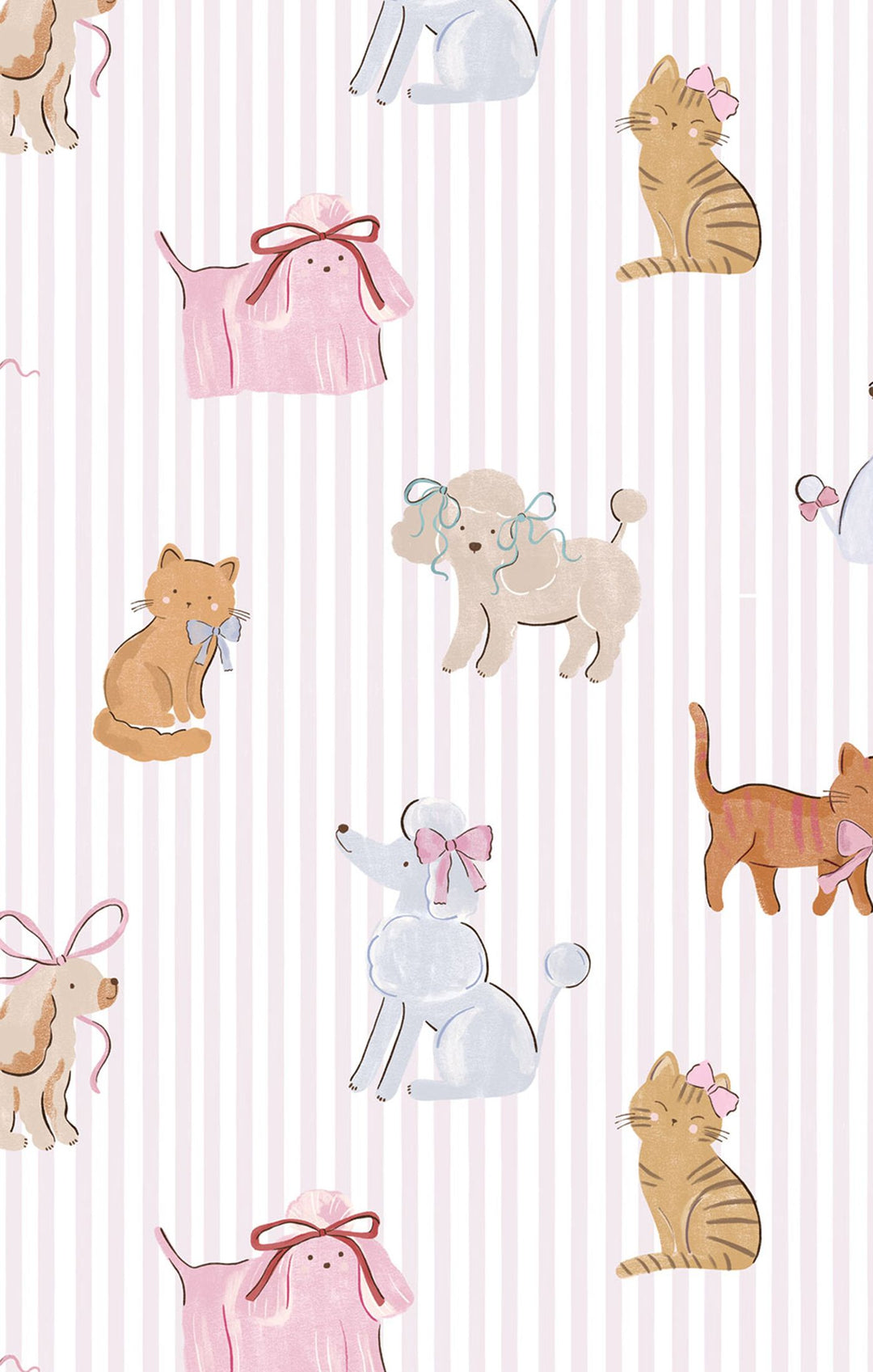 Pattern of dogs and cats with bows on a striped background
