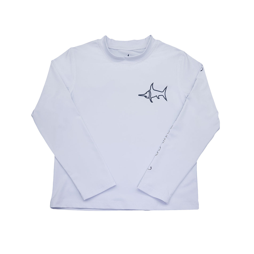 White long-sleeve shirt with a shark design on a white background