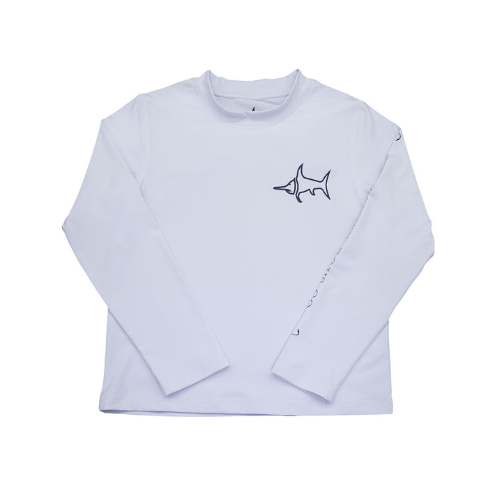 White long-sleeve shirt with a shark design on a white background