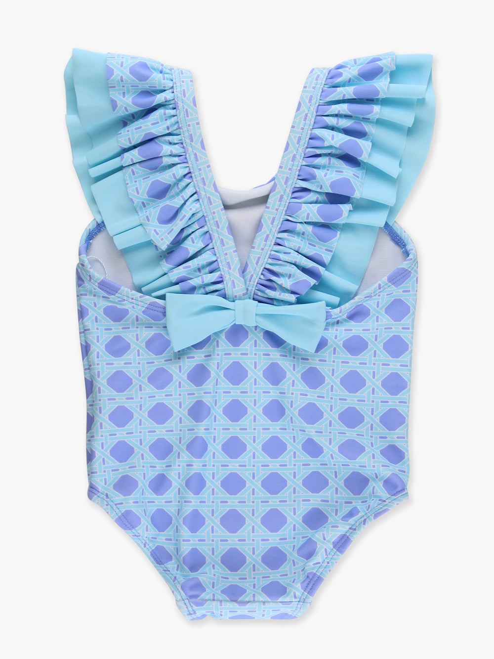 Blue polka dot swimsuit with ruffled details on a white background