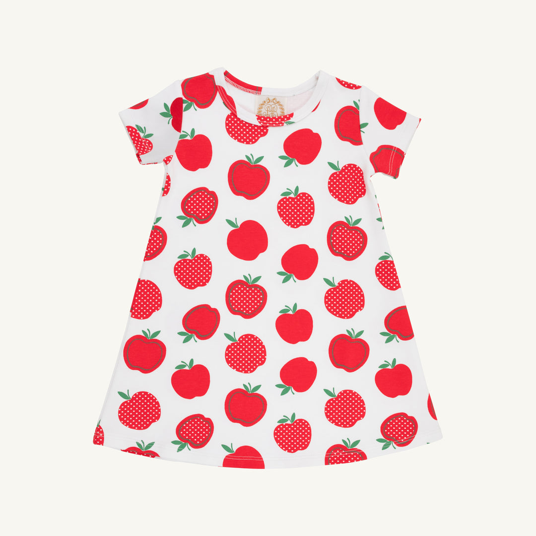WHITE SHORT SLEEVE GIRLS DRESS WITH RED APPLE PRINT ALL OVER 