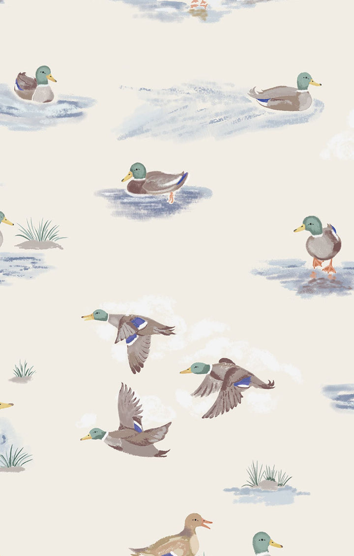 Pattern of ducks on a water surface with grass and ripples on a light background