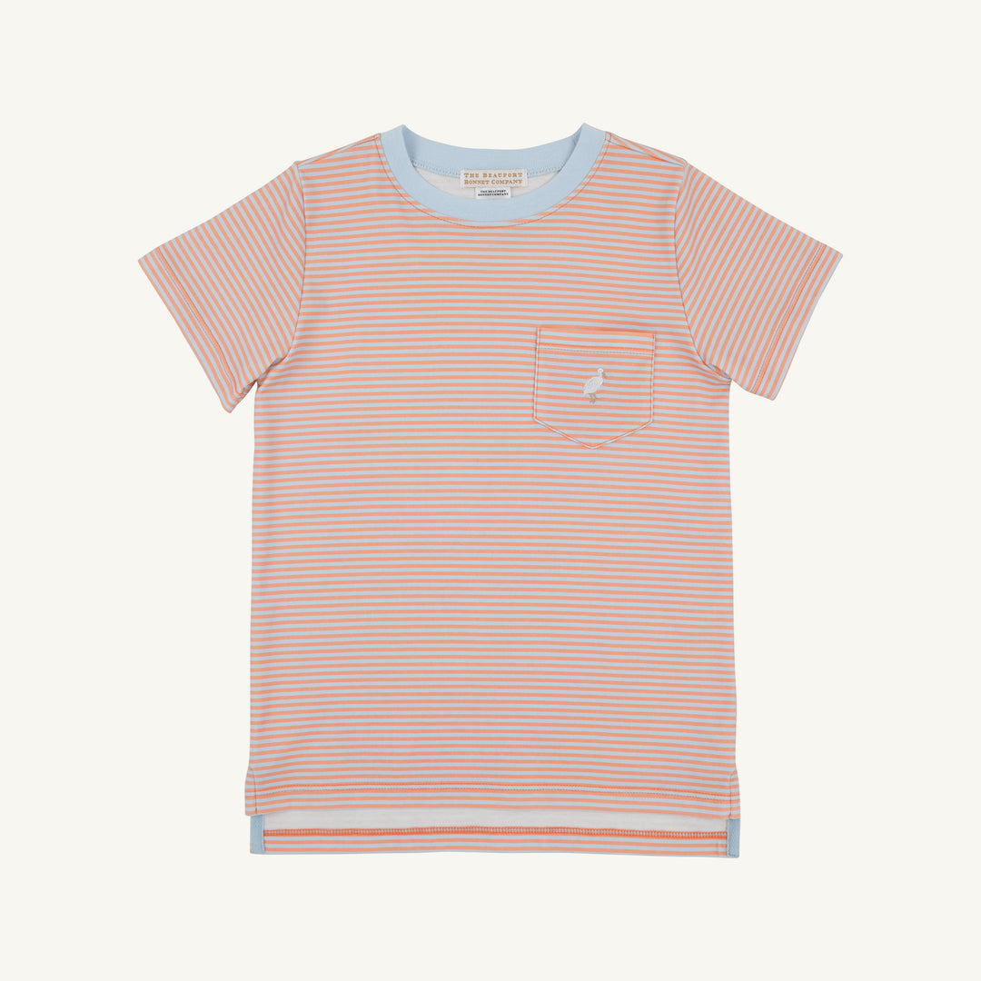 ORANGE/WHITE STRIPE CREW NECK SHORT SLEEVE BOYS T SHIRT WITH BLUE TRIM COLLAR