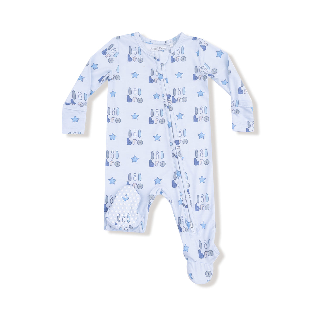 Baby onesie with blue text and star patterns on a white background