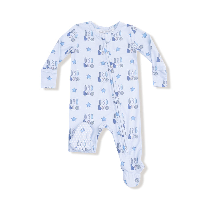 Baby onesie with blue text and star patterns on a white background