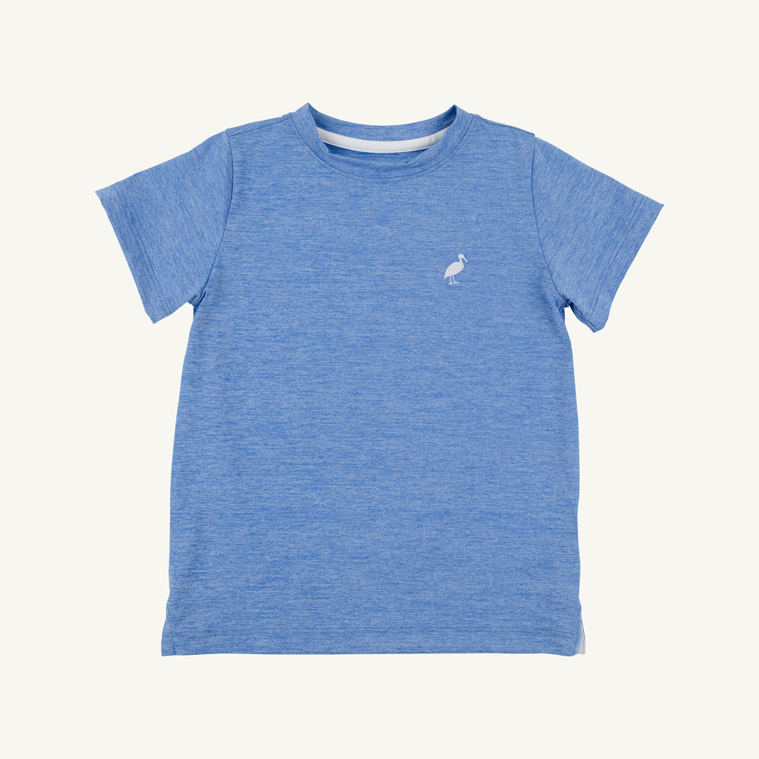Blue t-shirt with a small white logo on a white background