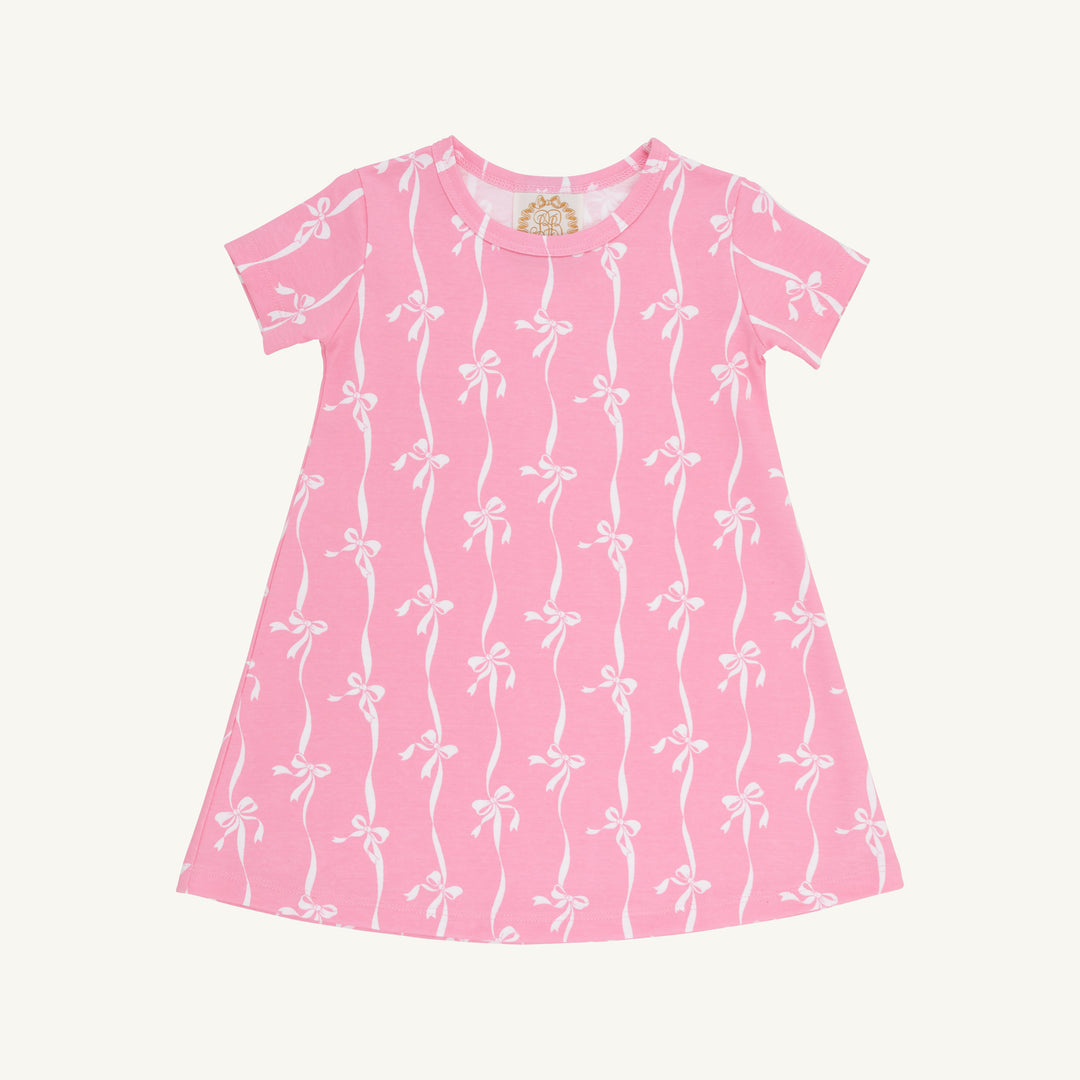 PINK SHORT SLEEVE GIRLS DRESS WITH WHITE STRIPE AND BOWS